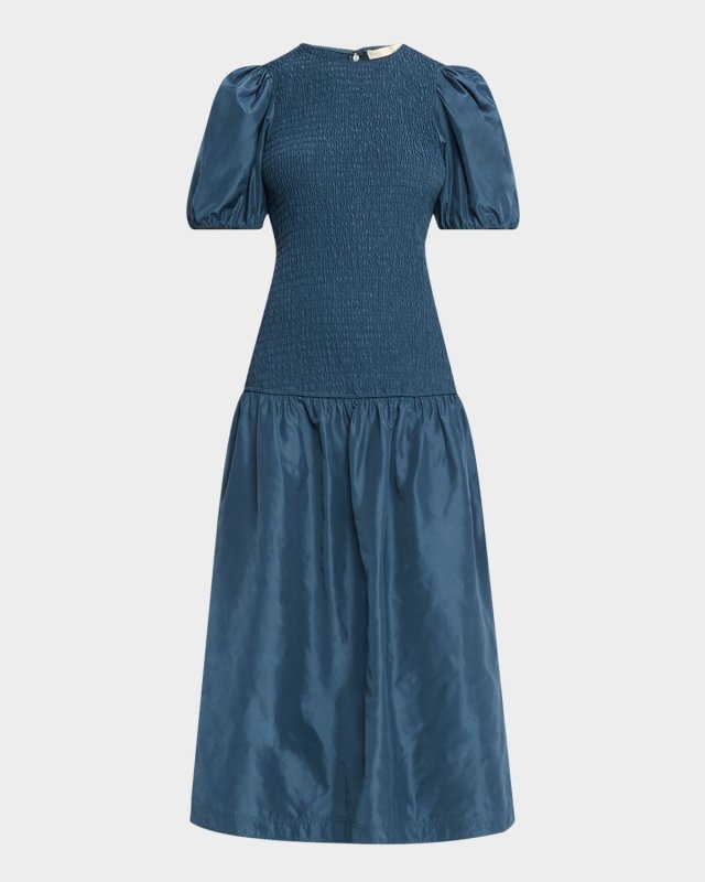 Marca Smocked Puff-Sleeve Midi Dress
